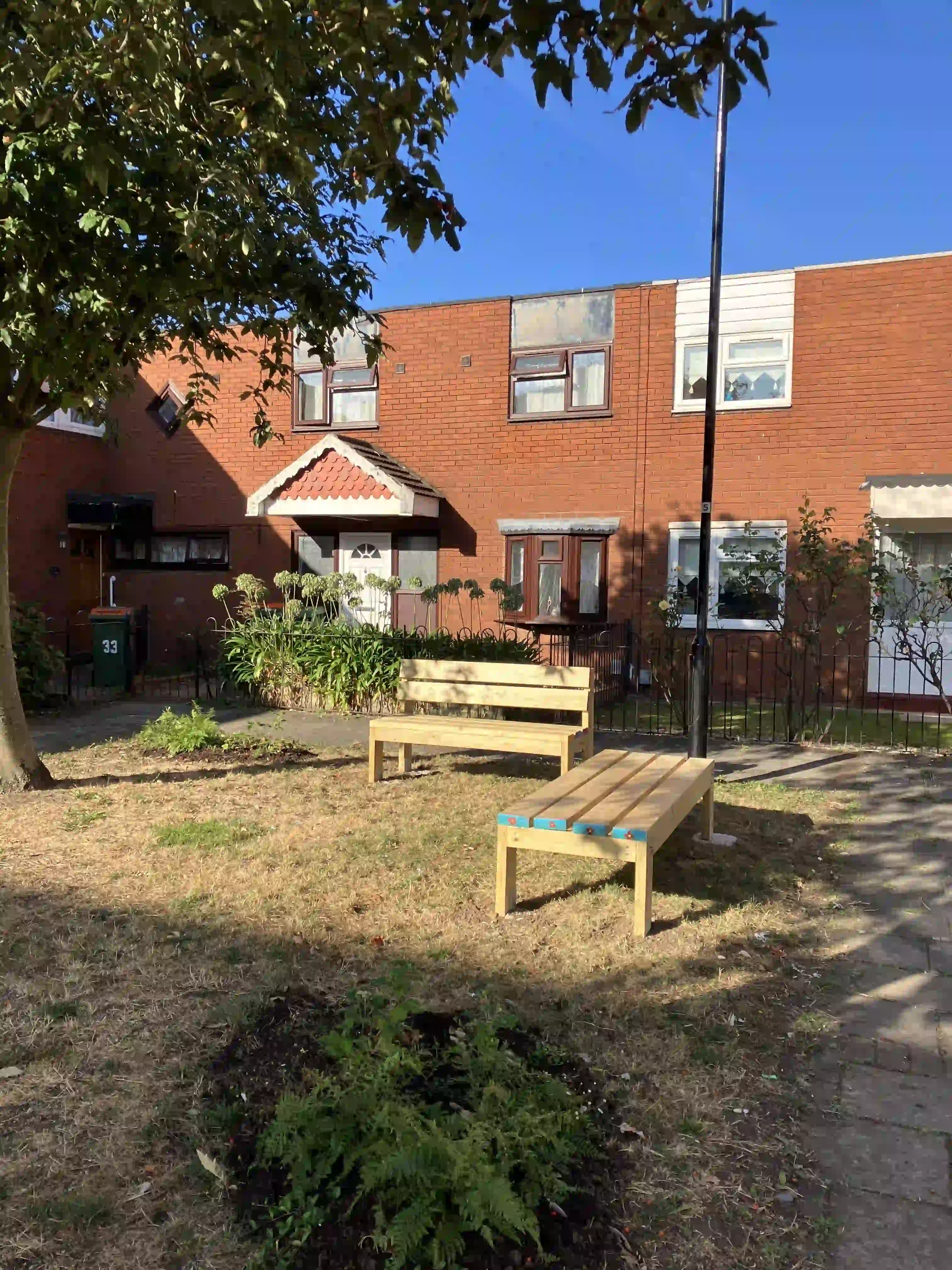 Two benches built by young people in the Build Up project