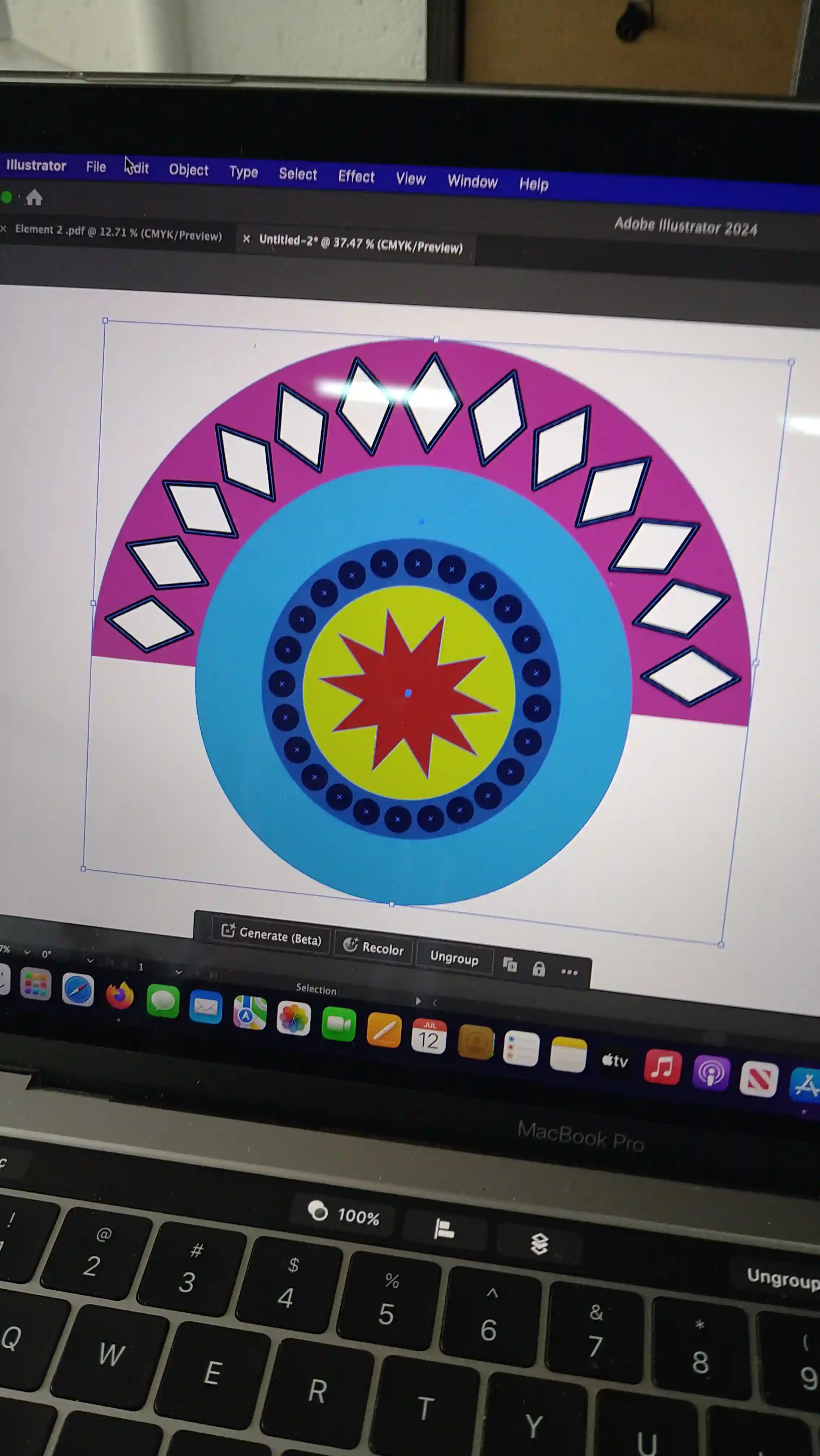 Adobe Illustrator design of colourful Asian-themed signage with intricate patterns.