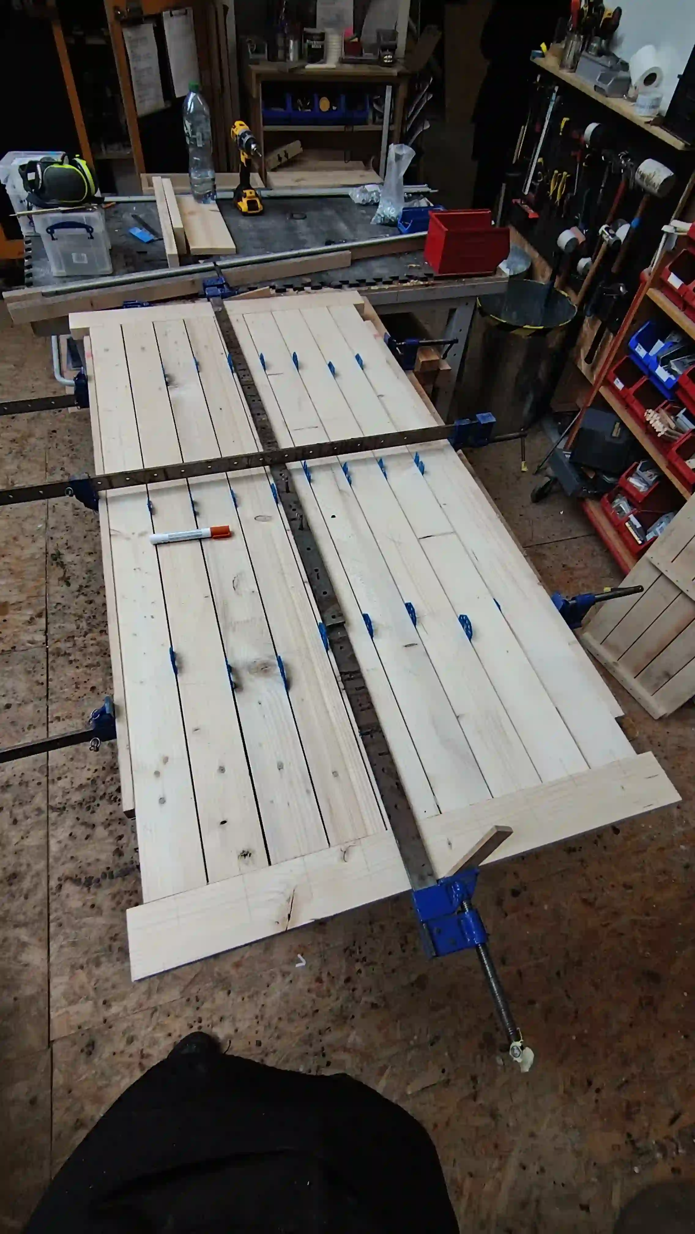 Table with glue and woodworking tools