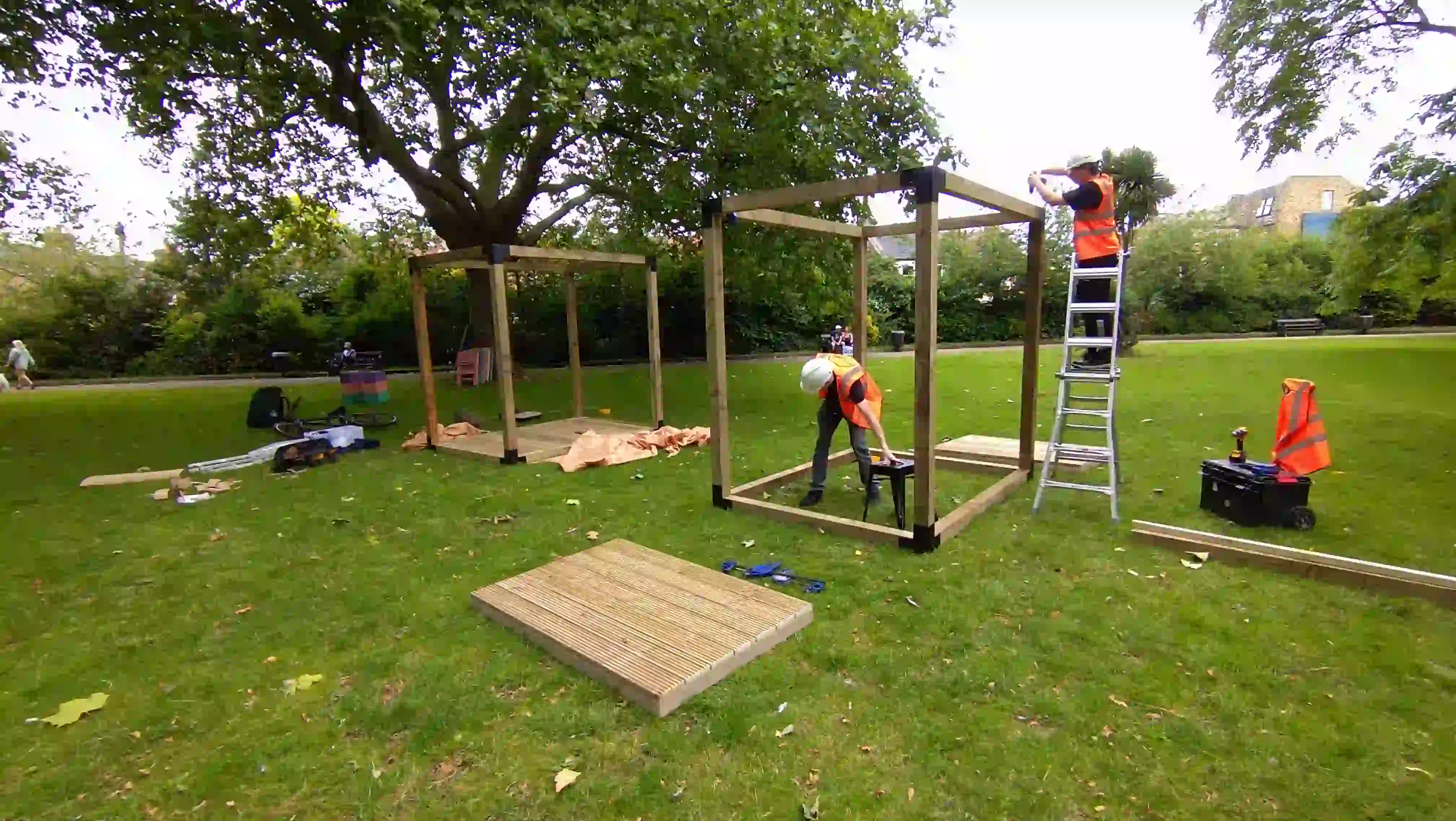 Building the wooden structure for the stage