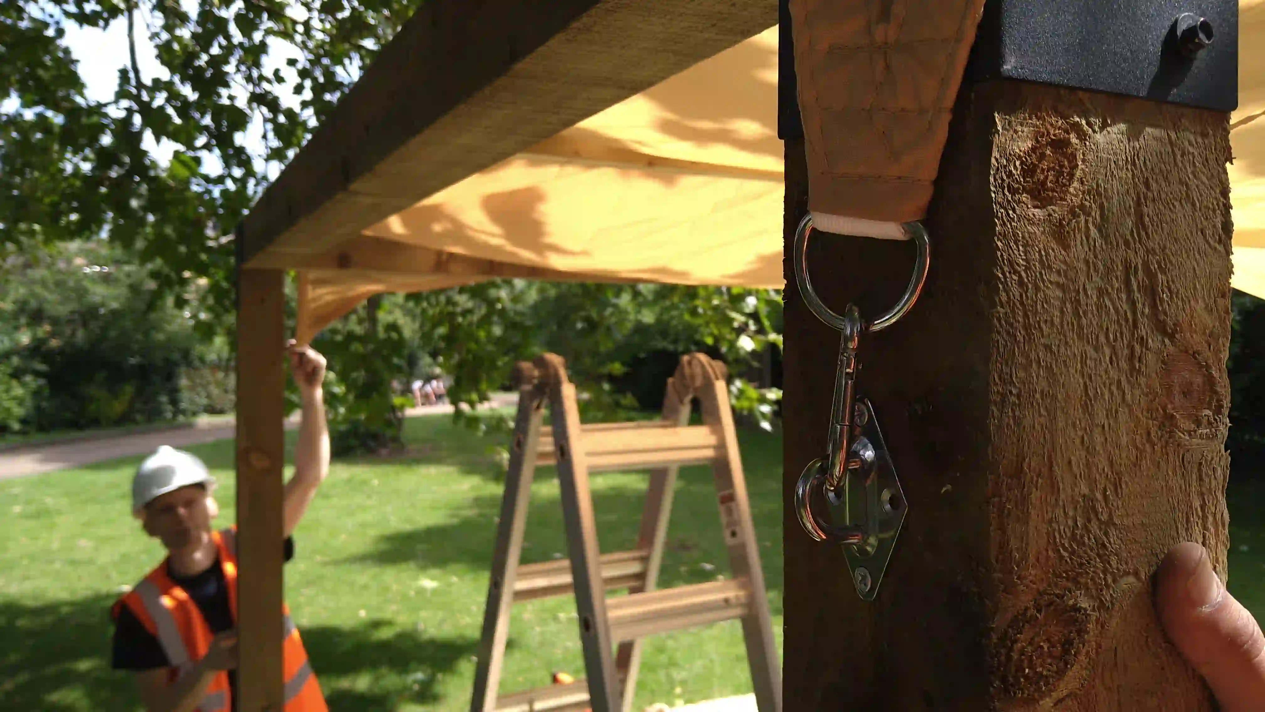 Close up of stage built for Leyton Más project