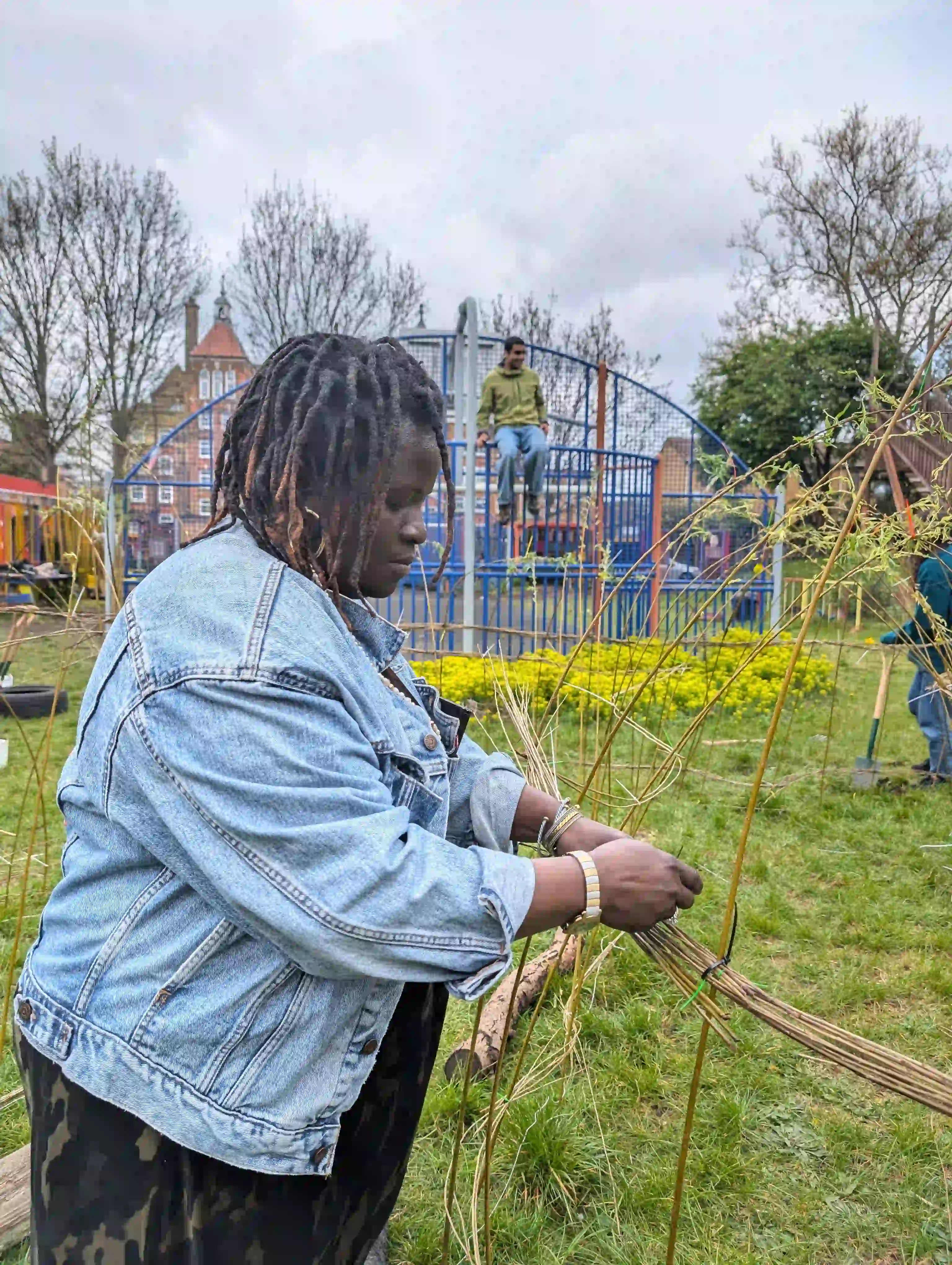 Close-up of the willow tunnel's woven structure at Pearson Street Adventure Playground
